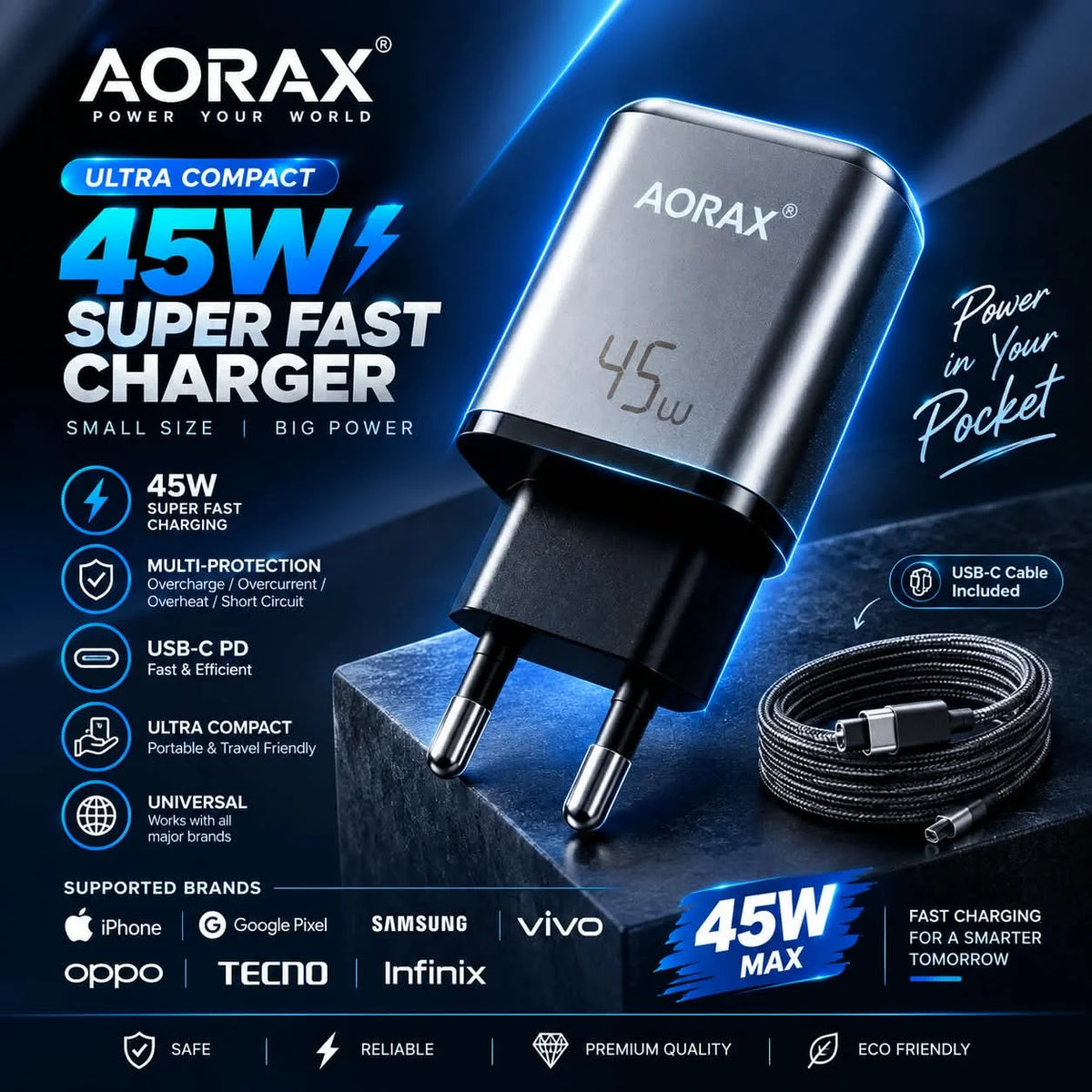 AORAX 45W Ultra Compact USB-C Super Fast Charger with Cable
