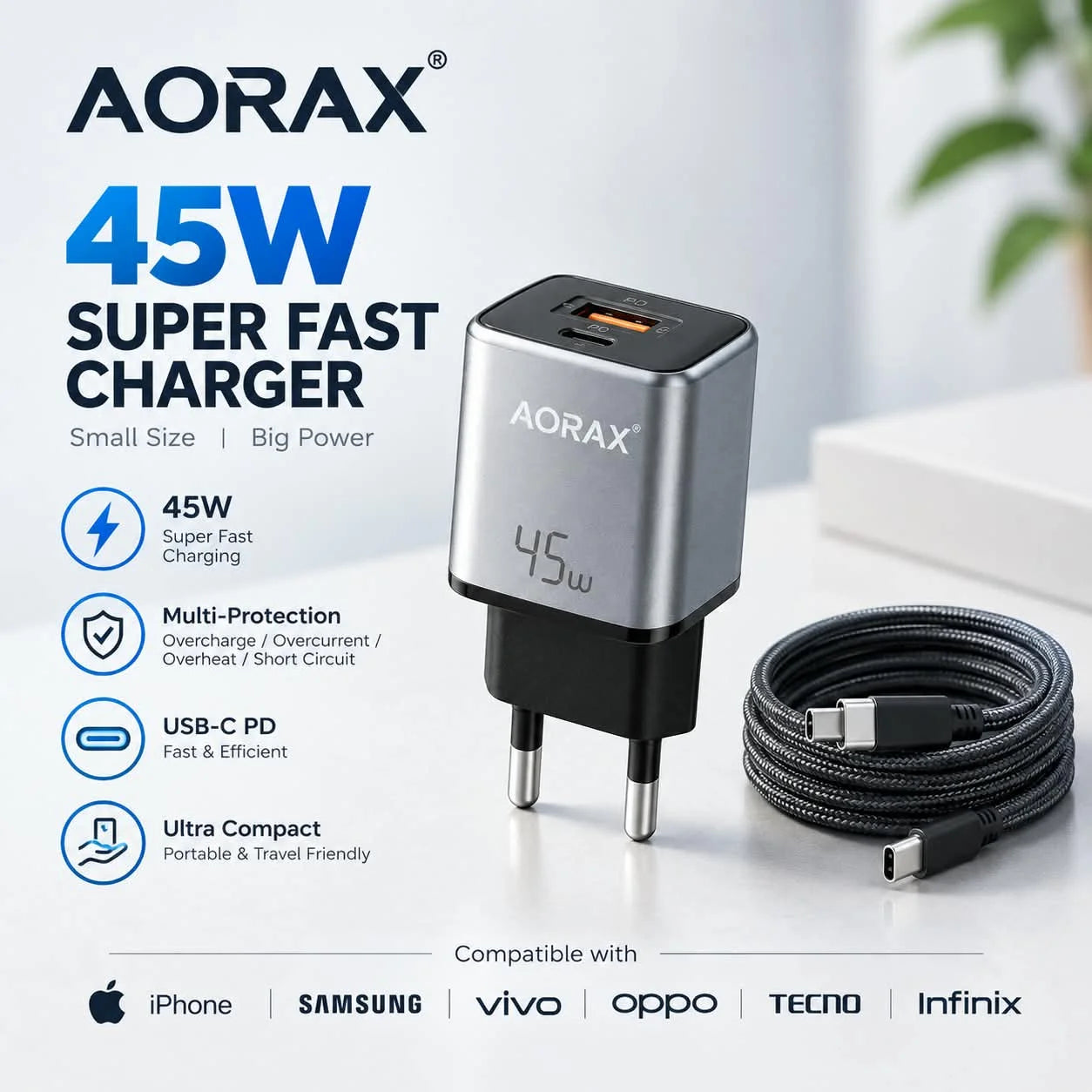 AORAX 45W Ultra Compact USB-C Super Fast Charger with Cable
