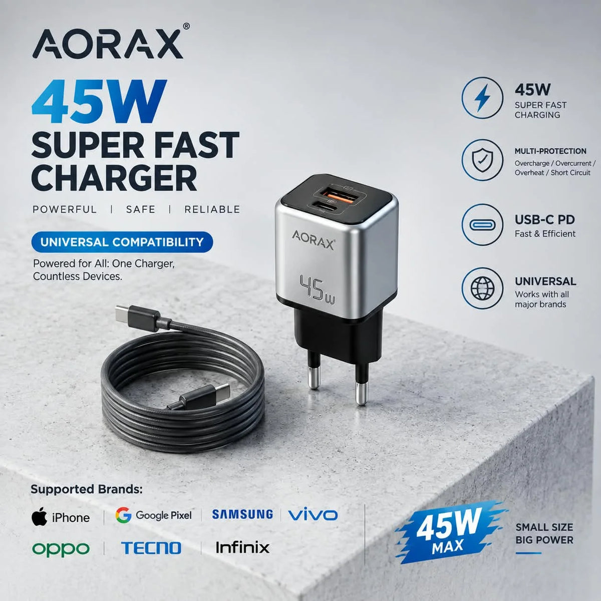 AORAX 45W Ultra Compact USB-C Super Fast Charger with Cable