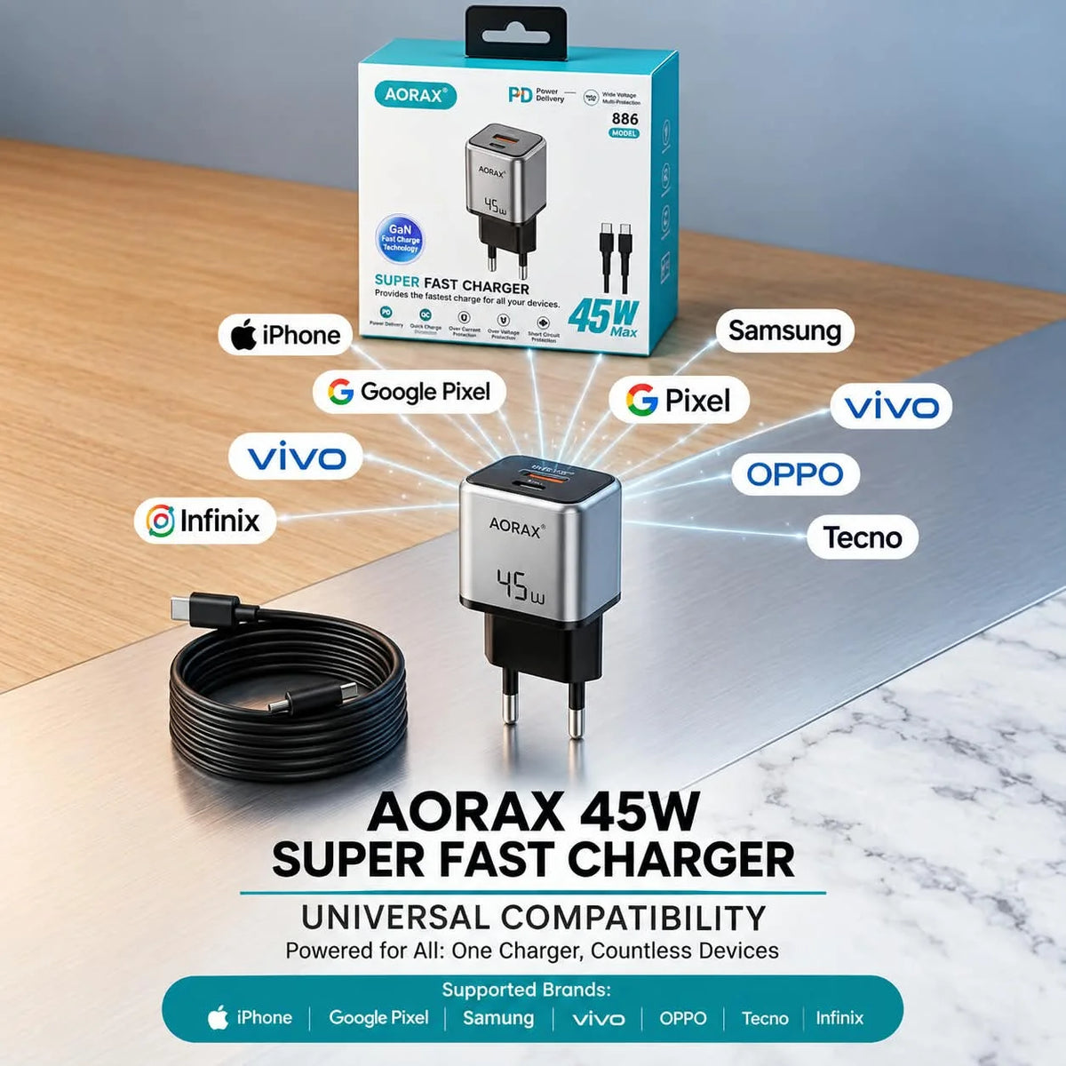 AORAX 45W Ultra Compact USB-C Super Fast Charger with Cable