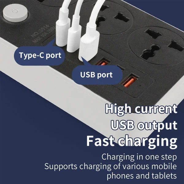 Universal Power Strip Extension Socket with USB & Type-C Ports