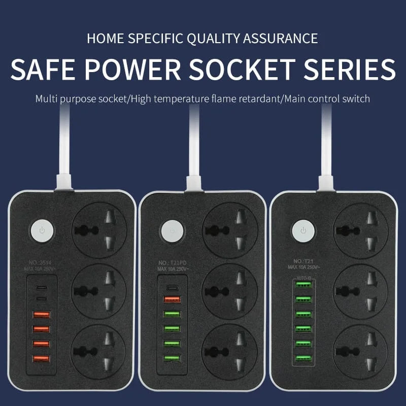 Universal Power Strip Extension Socket with USB & Type-C Ports