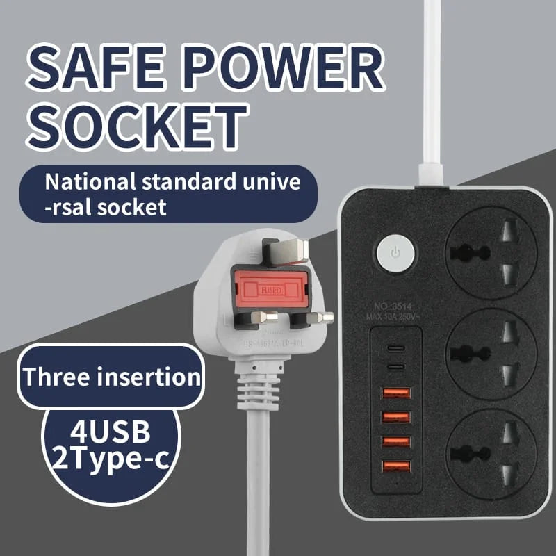 Universal Power Strip Extension Socket with USB & Type-C Ports