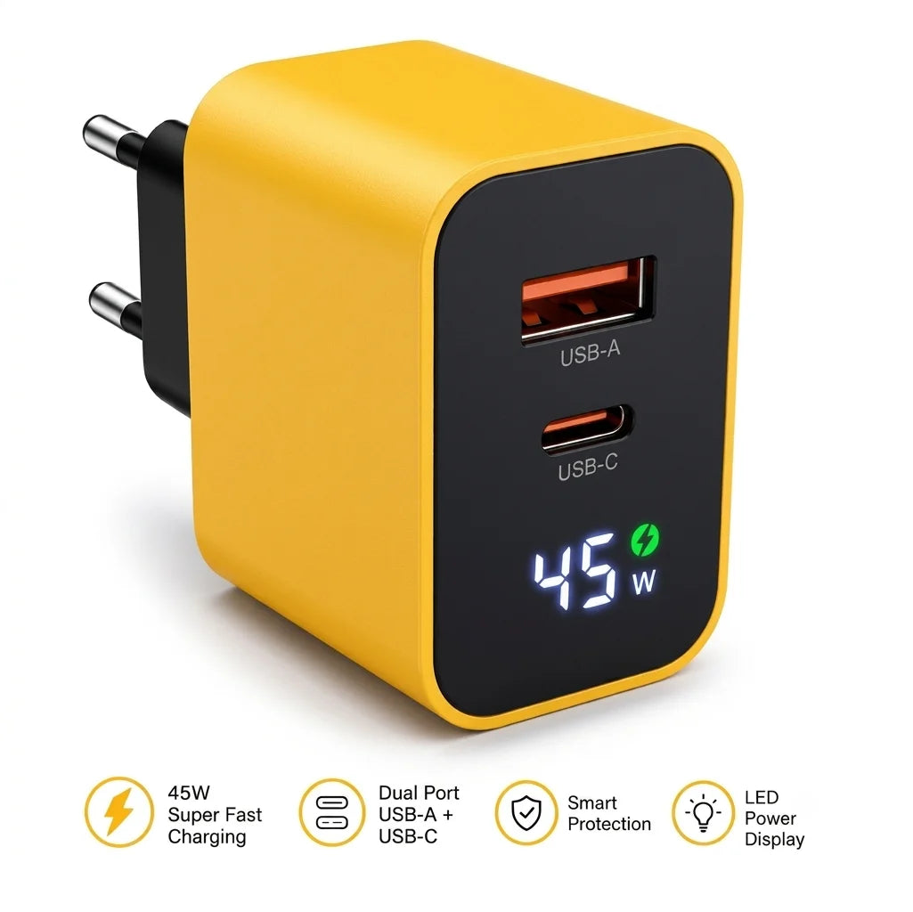 45W Dual Port Fast Charger with Digital LED Display & Cable
